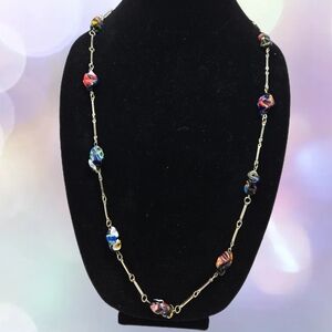 Millefiori Women Necklace Vintage 1970's Colorful Glass Beads Silver Tone Chain